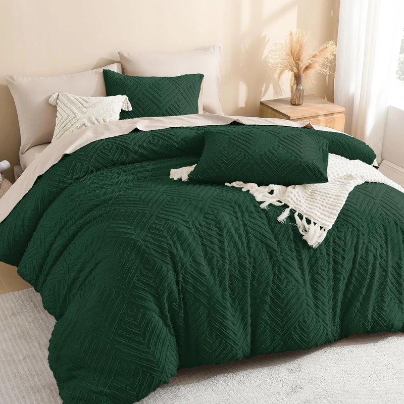 Litanika California King Comforter Set Emerald Green,3 Pieces Dark Green Tufted Boho Farmhouse Bedding Comforter Set,Lightweight Fluffy Comforter Bed Set All Season (104x96In Comforter&2 Pillowcases)