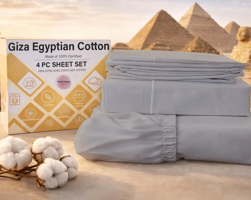 MyGiza Sheets,100% Giza Egyptian Cotton Sheets-King Size Giza Cotton Sheets Set to Fit Upto 18 Inches Deep Mattress (4 Pcs) Light Grey Solid