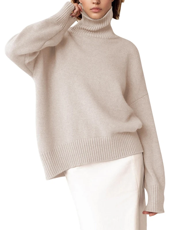 YKR Women's Turtleneck Sweater Chunky Long Sleeve Knitted Pullover High Low Hem Trendy 2025 Fall Winter Basic Jumper Top, Lightbeige, M