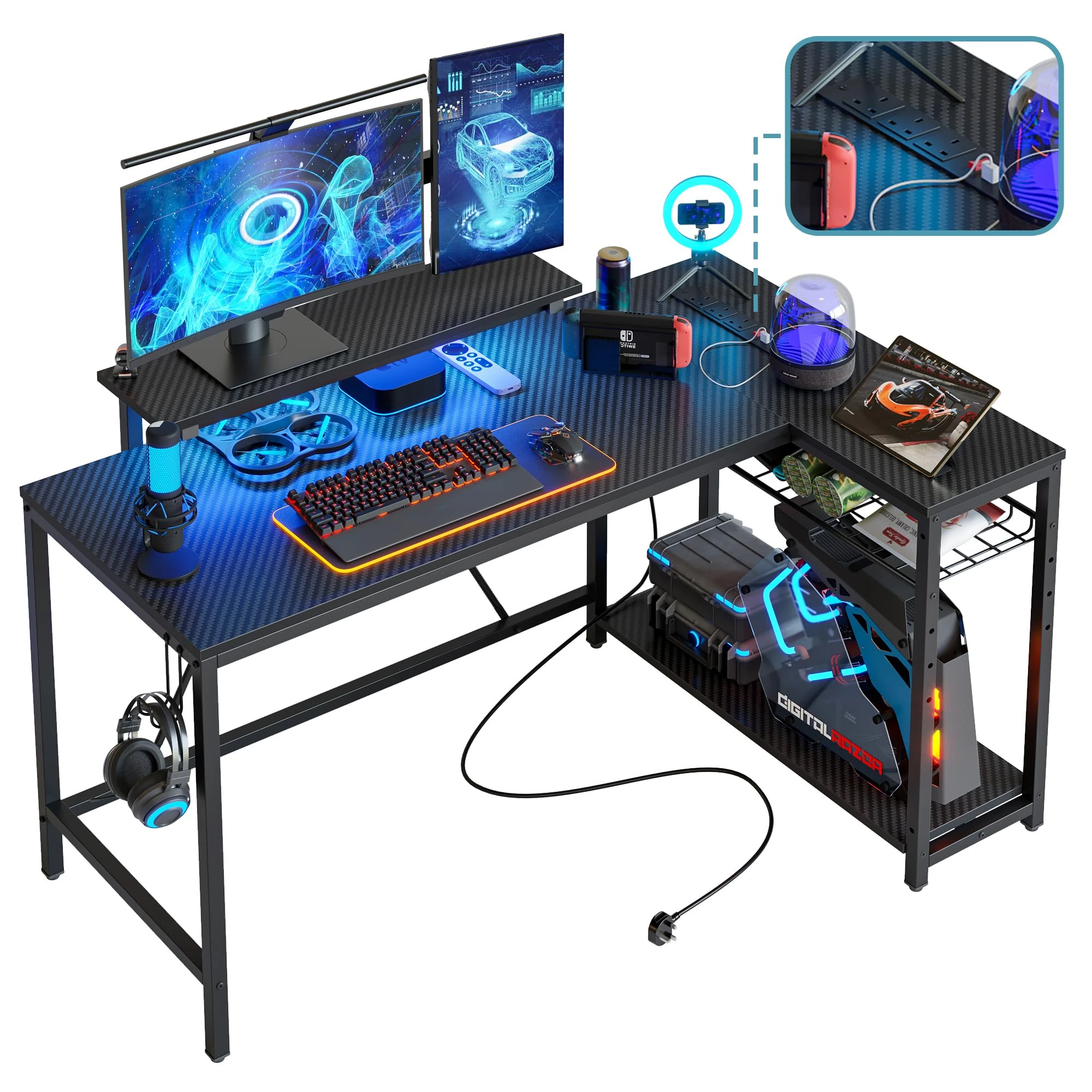 Bestier 132.5CM L-Shaped Workstation with Carbon Fibre Surface, 3 Power Outlets & 2 USB Ports, LED Strip Lights – Reversible Corner Unit with Shelves & Hooks for Home Office & Gaming