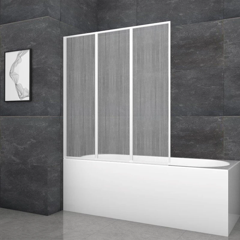 MARWELL Moon Folding Bath Screen - 3-Piece, White Aluminium Frame, Plastic, 120 x 130 x 5 cm - Shower Enclosure for Bathtub