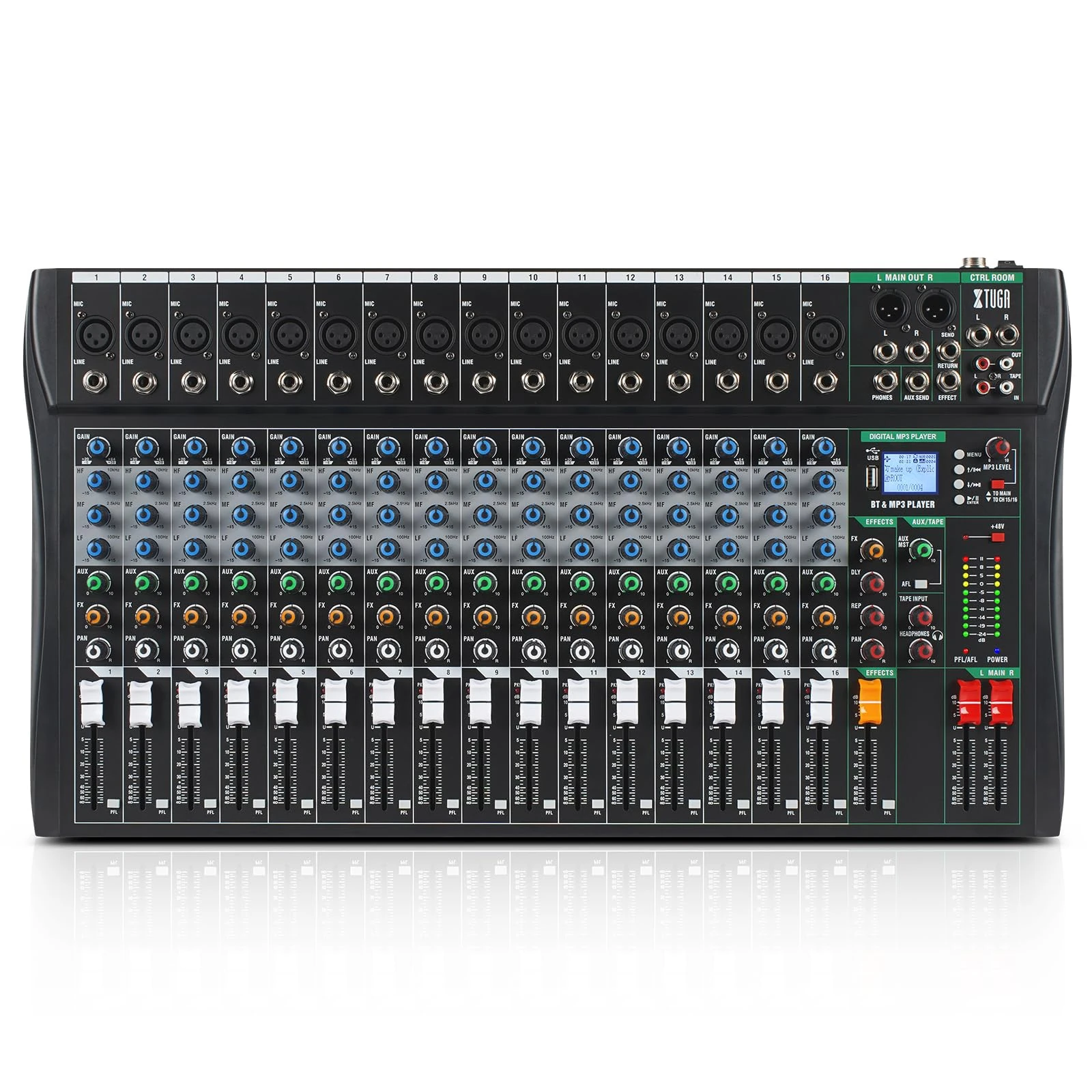 XTUGA CT160 16 Channel Audio Mixer Built In Digital Effects, Sound Board for PC Recording, 48V Phantom Power, RCA Input/Output, MP3, Bluetooth, EQ