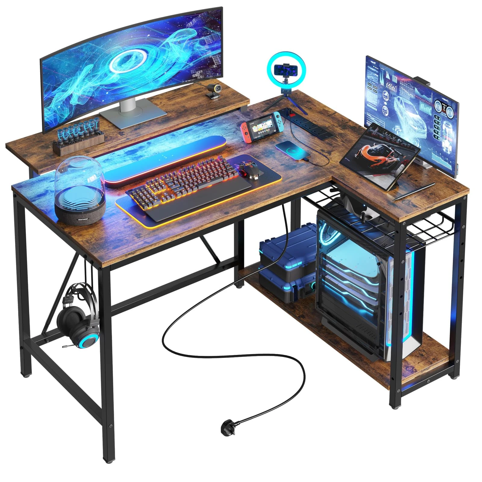 Bestier 106.5CM L-Shaped Desk with 3 Power Outlets, 2 USB Ports & LED Strip Lights, Reversible Corner Workstation with Shelves & Hooks for Office & Gaming