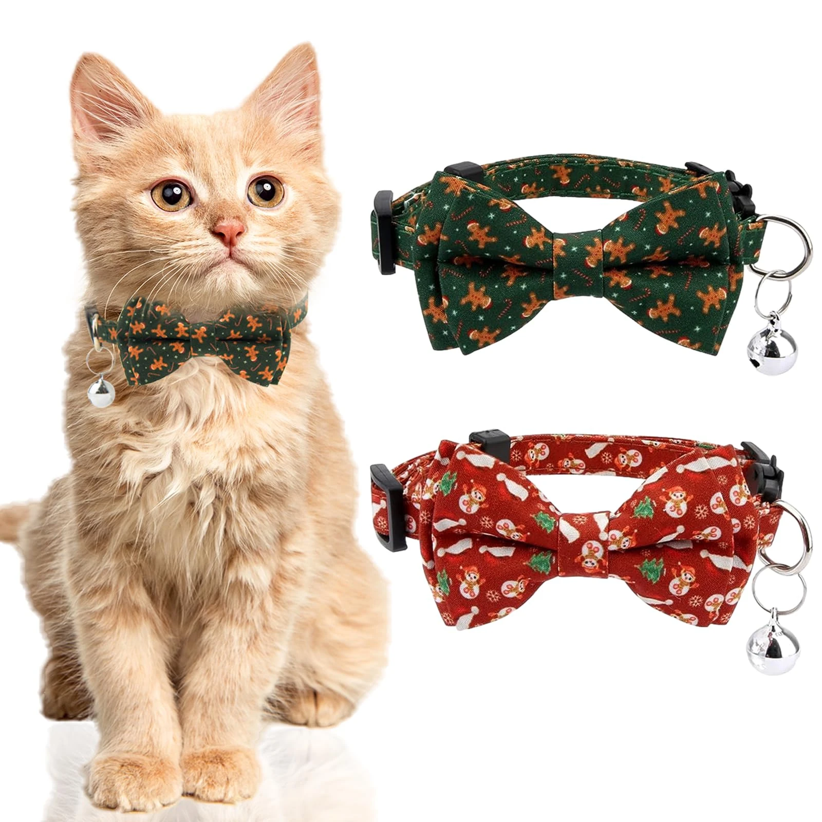 2 Pack Detachable Christmas Cat Collars with Bow&Bells Breakaway Cute Kitten Collar Snowman Durable Adjustable Pet Collars Comfortable Plaid Cat Collar for Cats Kitten Puppy Supplies