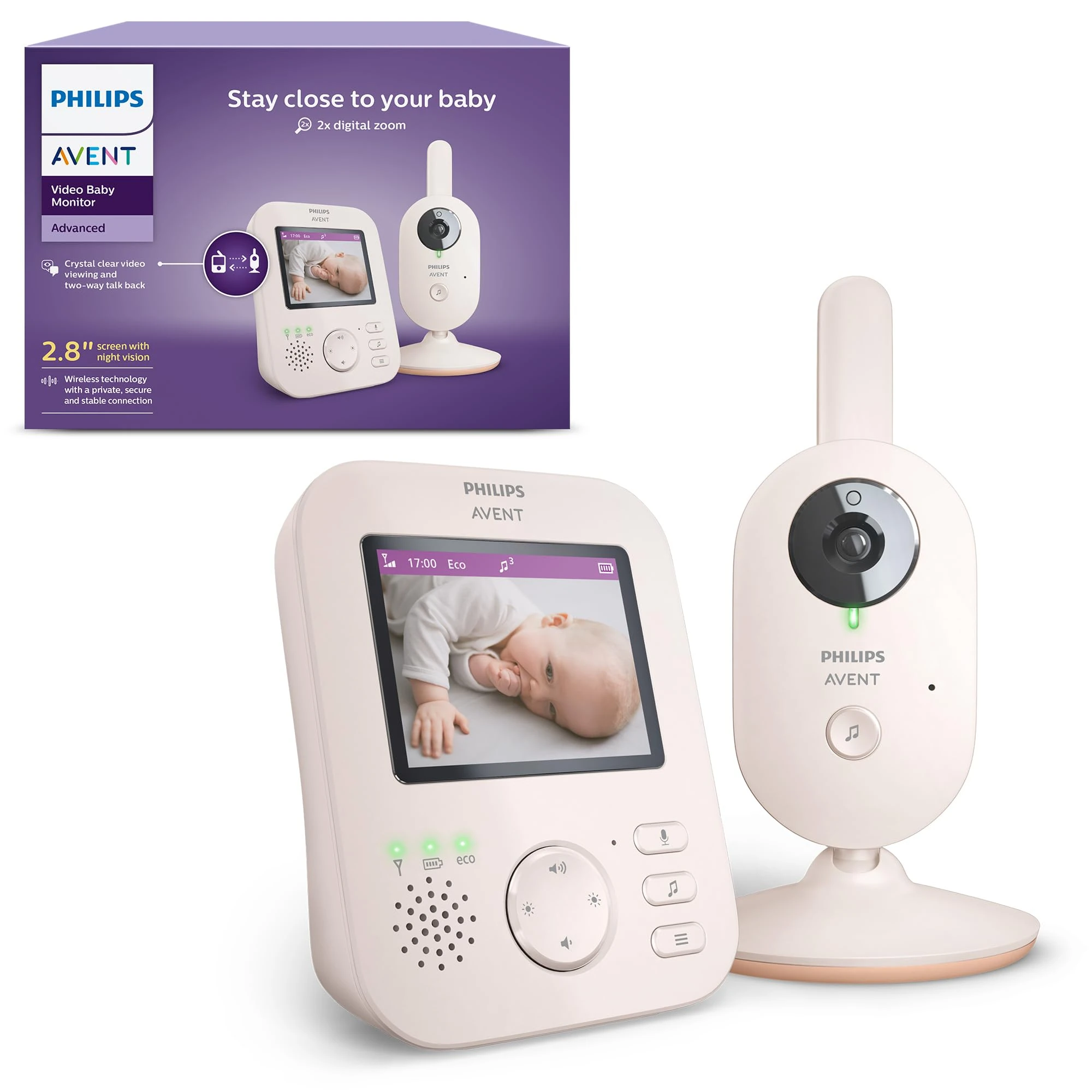 Philips Avent Advanced Video Baby Monitor - Private and Secure Baby Monitor with Camera and Audio in Coral Cream, 2.8" (7.1 cm) Display, x2 Zoom, Night Vision, 2 way Audio, Lullabies (Model SCD881/05)