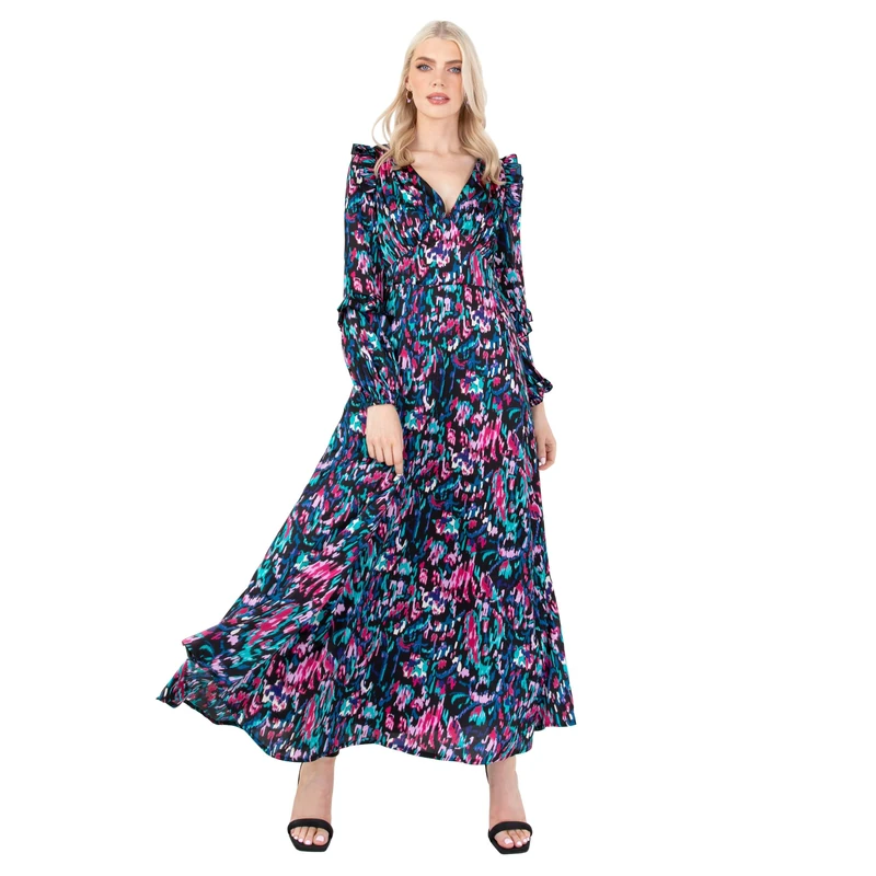 Lovedrobe Women's Ladies Maxi Dress V-Neckline Puffed Long Sleeve Frill A-line Wedding Guest Prom Party Evening Occasion Cocktail Dress, Black