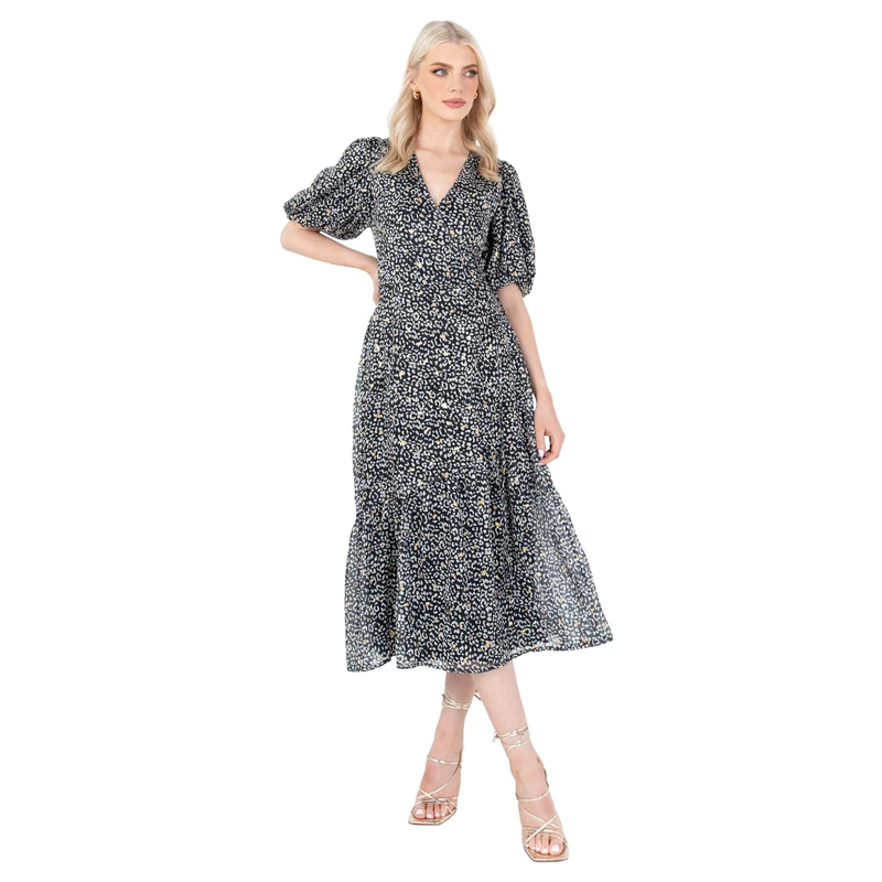 Lovedrobe Women's Ladies Midaxi Dress V-Neck Puff Short Sleeve Wrap Empire A-line Animal Print Wedding Guest Occasion Evening Prom Dress, Black