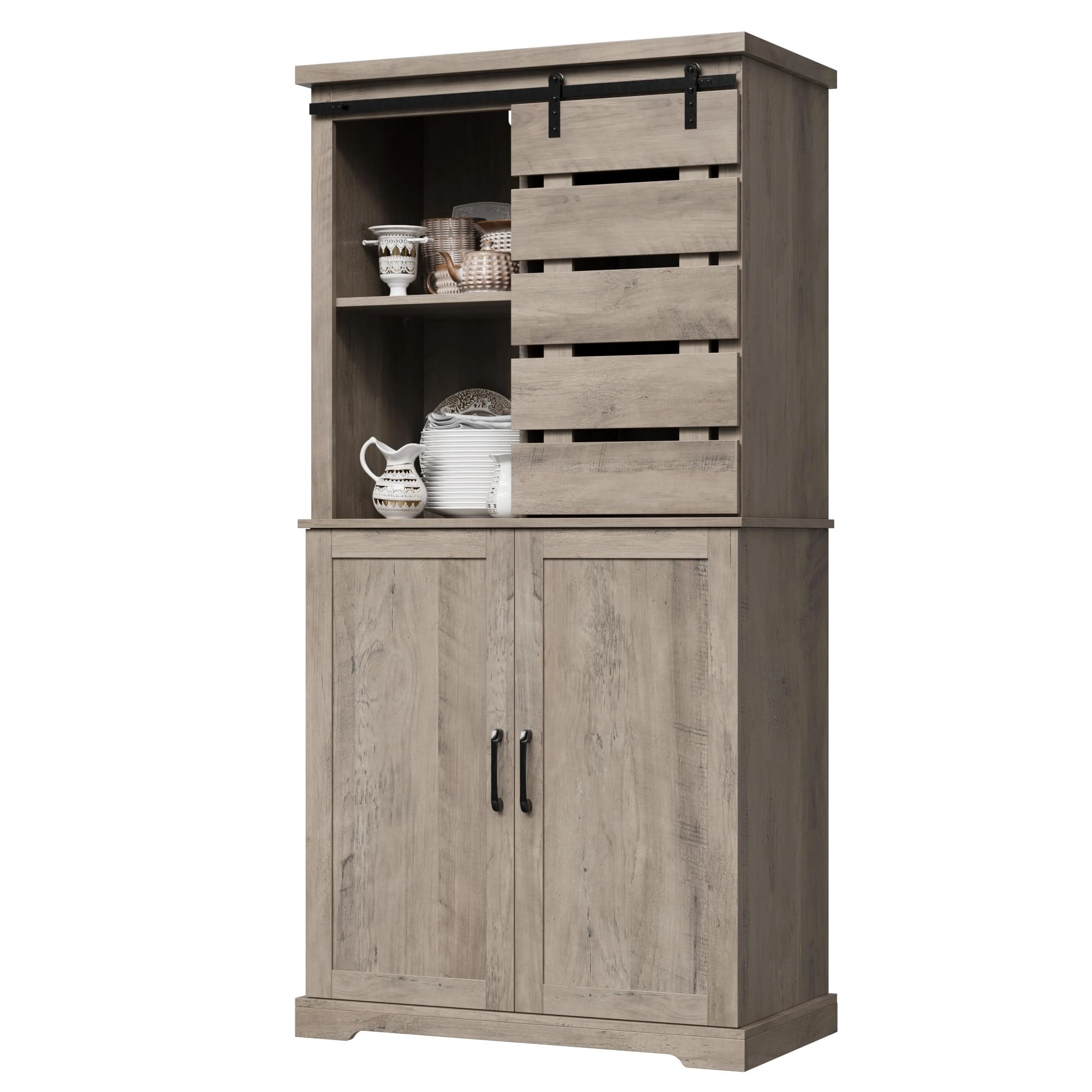 BOTLOG Kitchen Pantry Cabinet, Tall Storage Cabinet with Sliding Barn Door and Adjustable Shelves, Kitchen Freestanding Cupboard for Dining Room, Living Room, Laundry