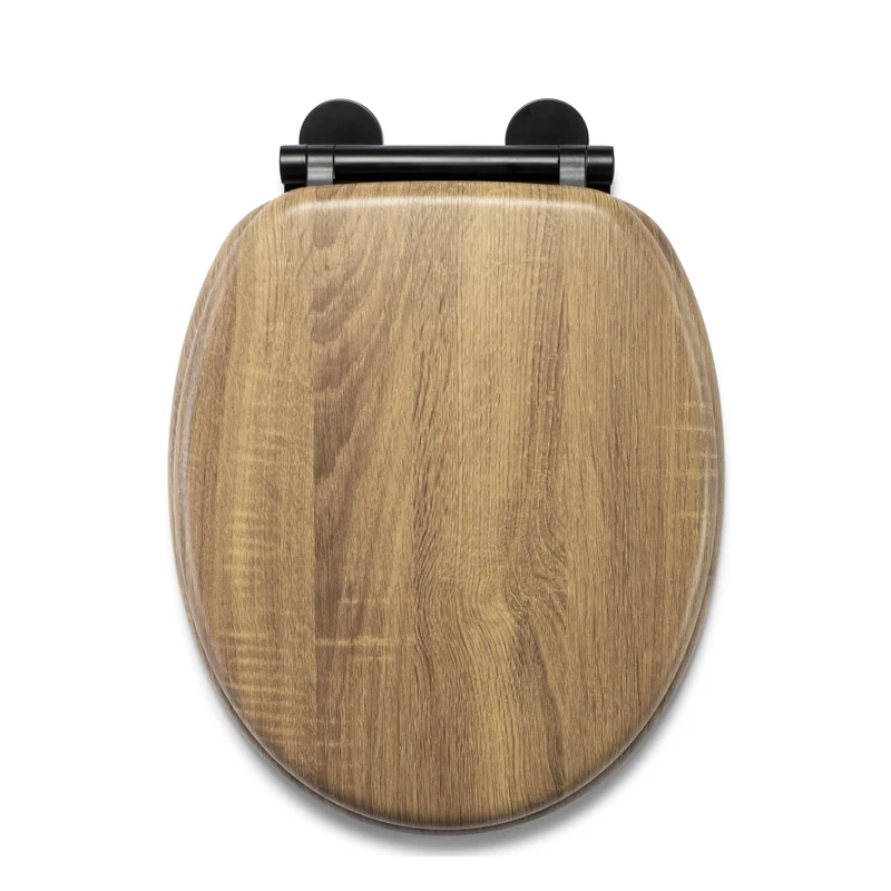 Croydex Ontario Soft Close Wooden Toilet Seat - Quick Release for Easy Cleaning and Adjustable Hinges with Top and Bottom Fixings, Antibacterial Seat Surface and Black Hinges (Teak Effect)