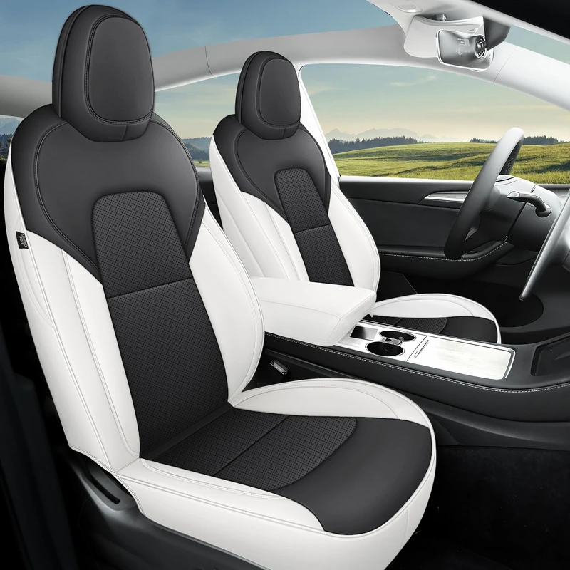 Red Rain Tesla Model Y Seat Covers Black and White Car Seat Cover for Tesla Model Y 2023 2022 2021 2020 2019 2018 2017 Customized 12Pcs Leather Seat Cushion Cover Fully Wrapped (ModelY-Black+White)