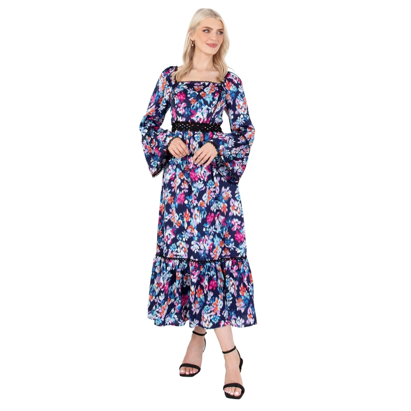 Lovedrobe Women's Midaxi Dress Ladies Long Bell Sleeve Square Neck Empire A-line Ruffle Boho Floral Flowy for Wedding Guest Casual, Navy Blue, 22