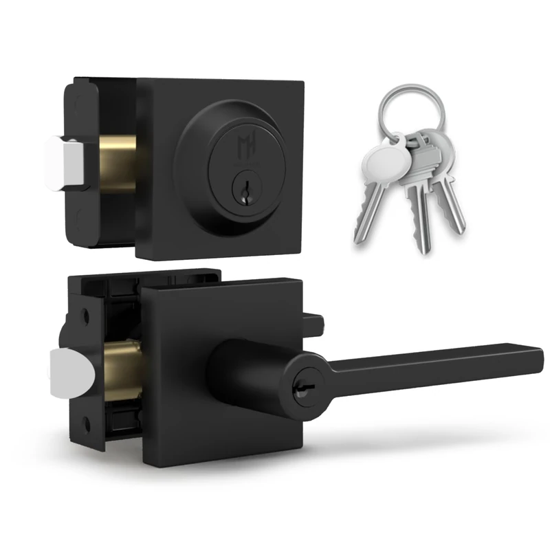 Mega Handles Prime Entrance Combo, Entry Lever Door Handle and Single Cylinder Deadbolt Lock and Key Combo Pack, Heavy Duty Square Locking Door Levers Set for Left or Right-Handed Doors - Matte Black