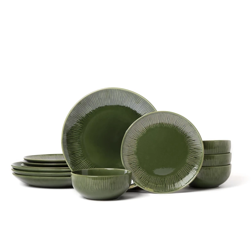 Mikasa Jardin 12-Piece Dinner Set, Stoneware Dinner Set for 4 with Dinner Plates, Side Plates and Bowls, Green - Gift Boxed & Dishwasher Safe