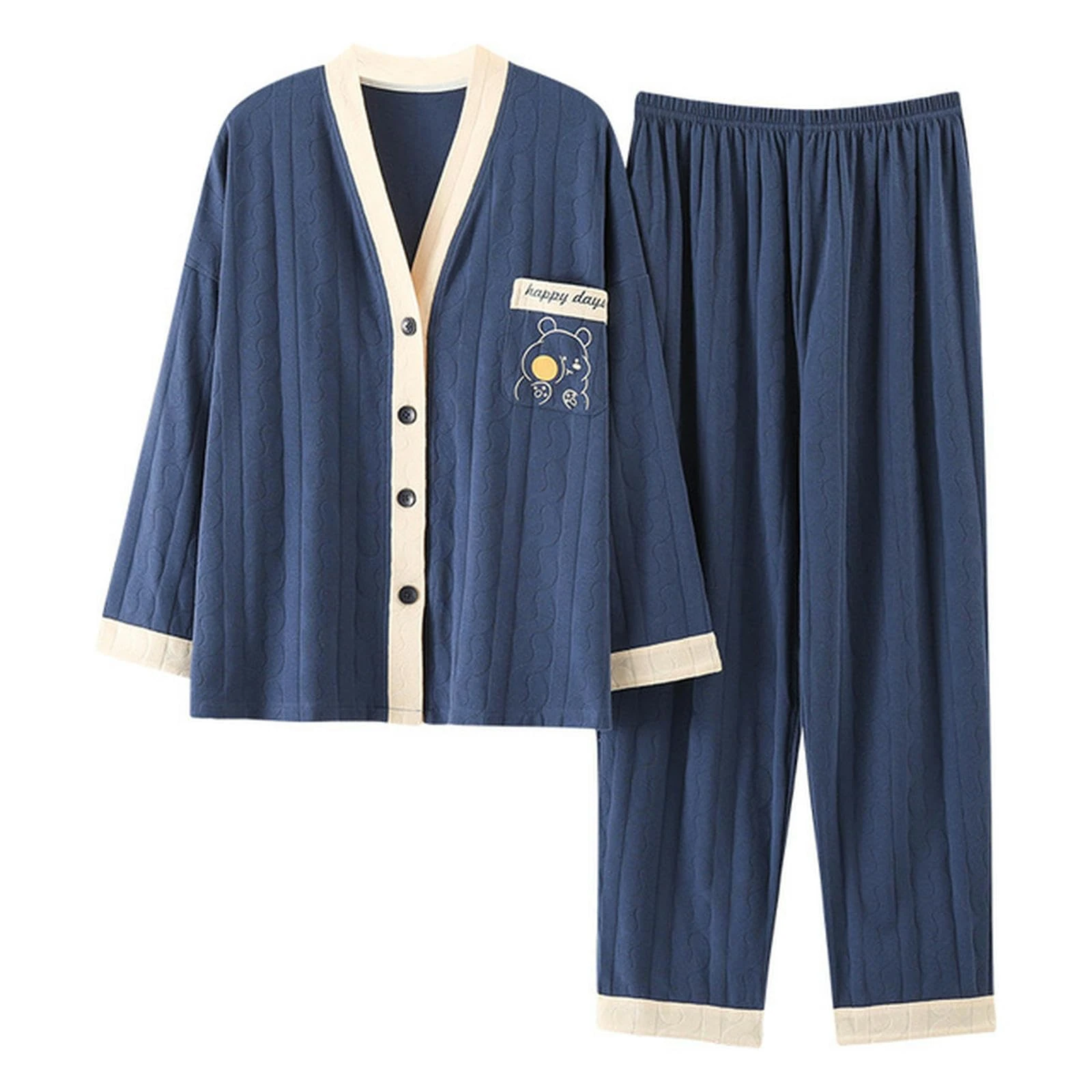 NOGRAX Pajamas Autumn Winter Cotton Women'S Long Sleeve Pajamas Set V- Neck Loose Soft Female Pyjamas-C-Xxxl