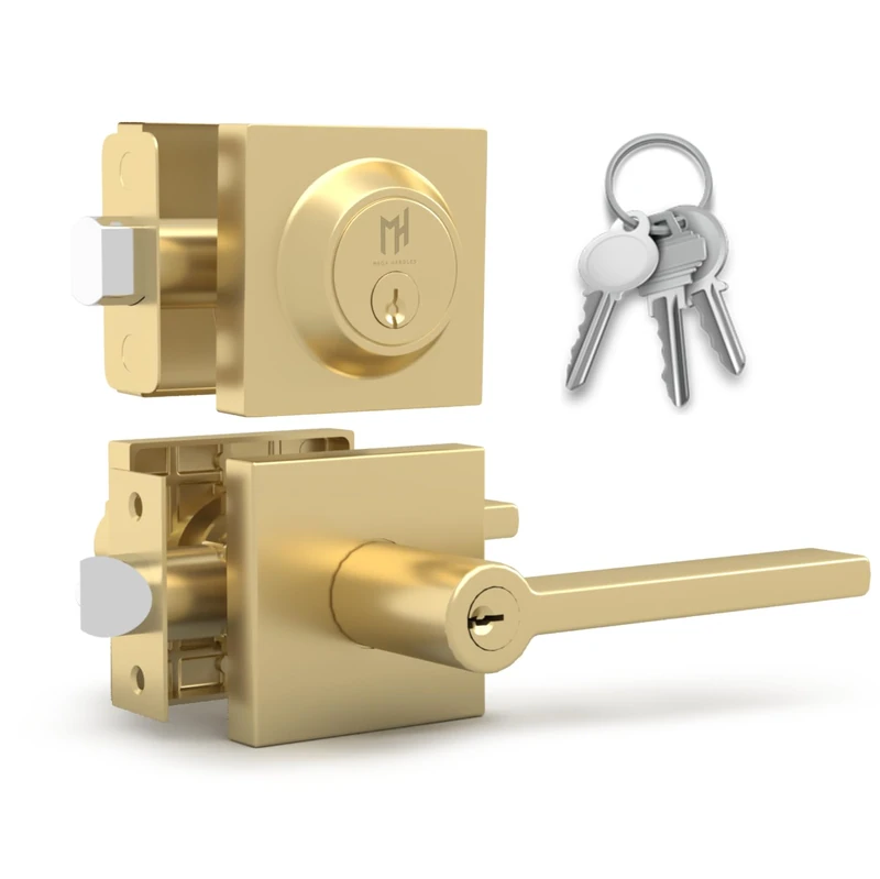 Mega Handles Prime Entrance Combo, Entry Lever Door Handle and Single Cylinder Deadbolt Lock and Key Combo Pack, Heavy Duty Square Locking Door Levers Set for Left or Right-Handed Doors - Satin Brass
