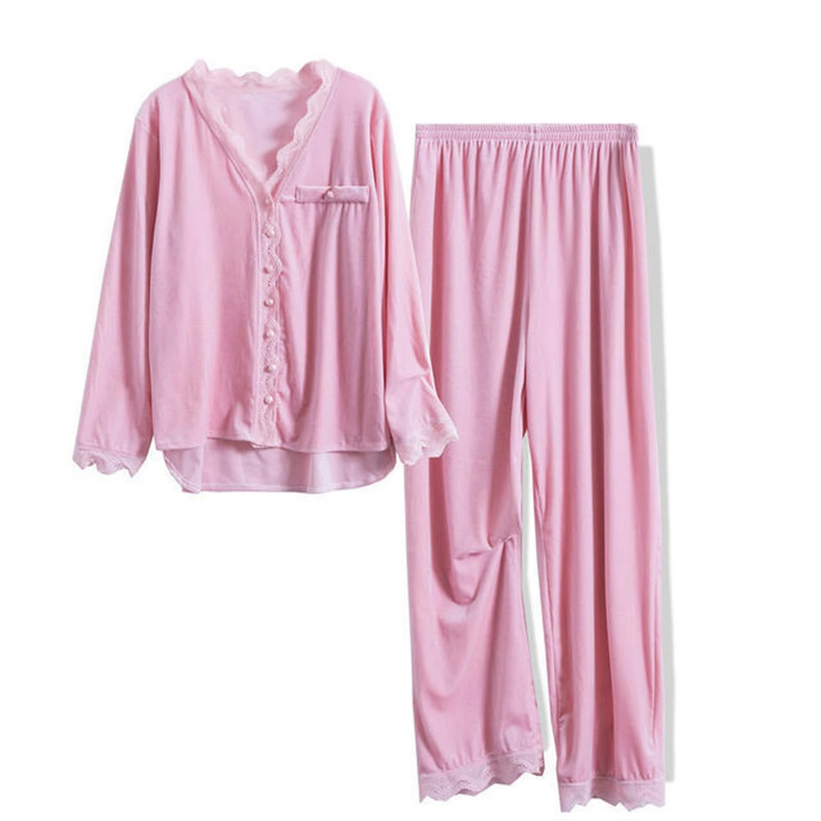 NOGRAX Pajamas Pyjama Pour Femme Sets With Pants Velvet Warm Pajamas Large Home Suit Conjuntos De Mujer-Pink-Xxxl