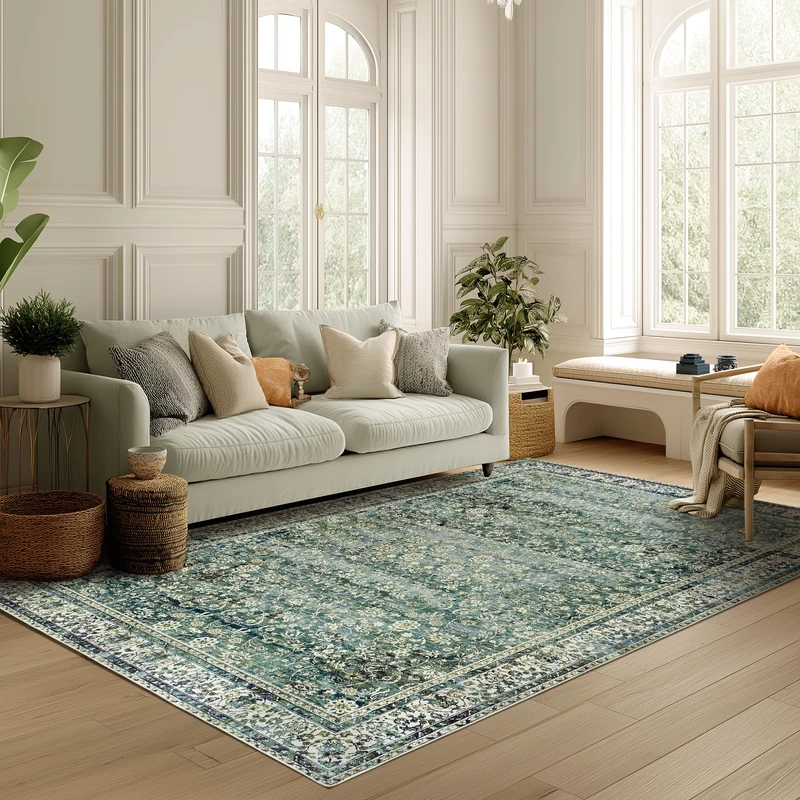 5x7 Area Rugs Washable Rugs for Living Room,Christmas Faux Wool Soft Moody Floral Boho Vintage Oriental Indoor Carpet Rug for Bedroom,5 by 7,Dark Emerald Green