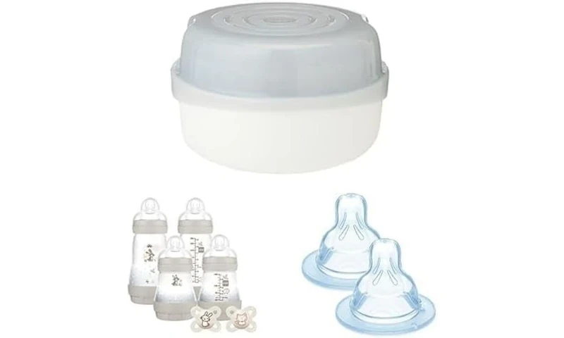 Bundle of MAM Microwave Steam Steriliser (Grey) + MAM Feed and Soothe Bottle Set Complete withSoothers + MAM Teats Size 1, Suitable for Newborns, Slow Flow SkinSoft Silicone Teats for Baby Bottles