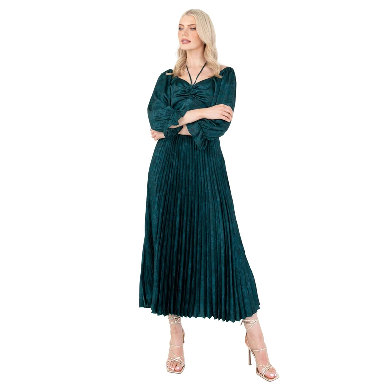 Lovedrobe Women's Midaxi Dress Ladies Emerald Green Pleated Empire A-Line High Waist Tie Neck Wedding Guest Cocktail Evening Prom, Emerald Green, 18