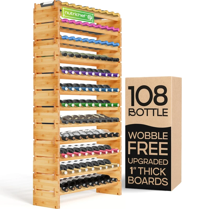 NutriChef Bamboo Stackable Wine Rack, 12-Tier 108 Bottle Capacity Free Standing Floor, No Tools Assembly, Modular Storage Display Shelf for Kitchen and Cellar 85 x 25.4 x 159.4 cm