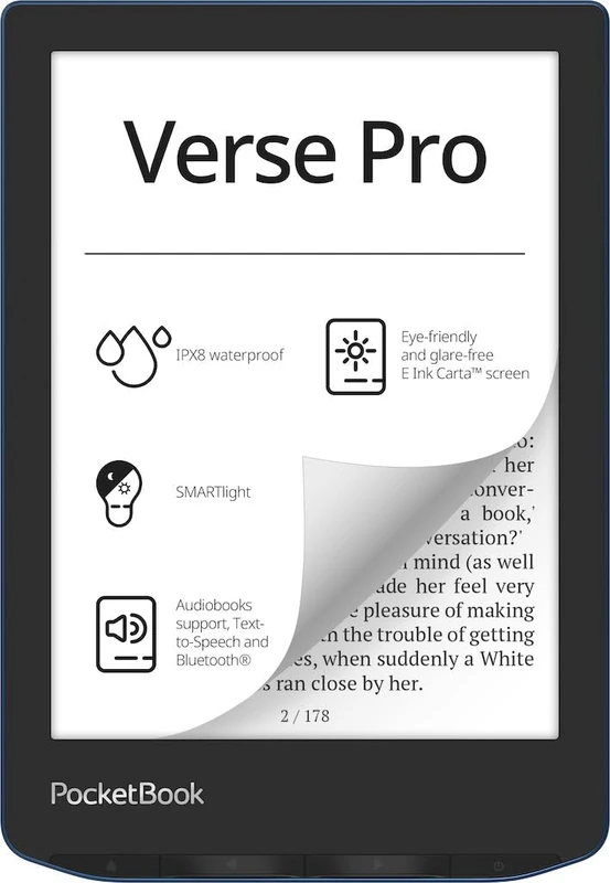 PocketBook Verse Pro E-Reader Waterproof | Eye-friendly 6'' E-Ink Carta™ HD Touchscreen | Audio-Book & E-Book Reader | Text-To-Speech Function | SMARTlight | 16GB | WiFi & Bluetooth | Azure