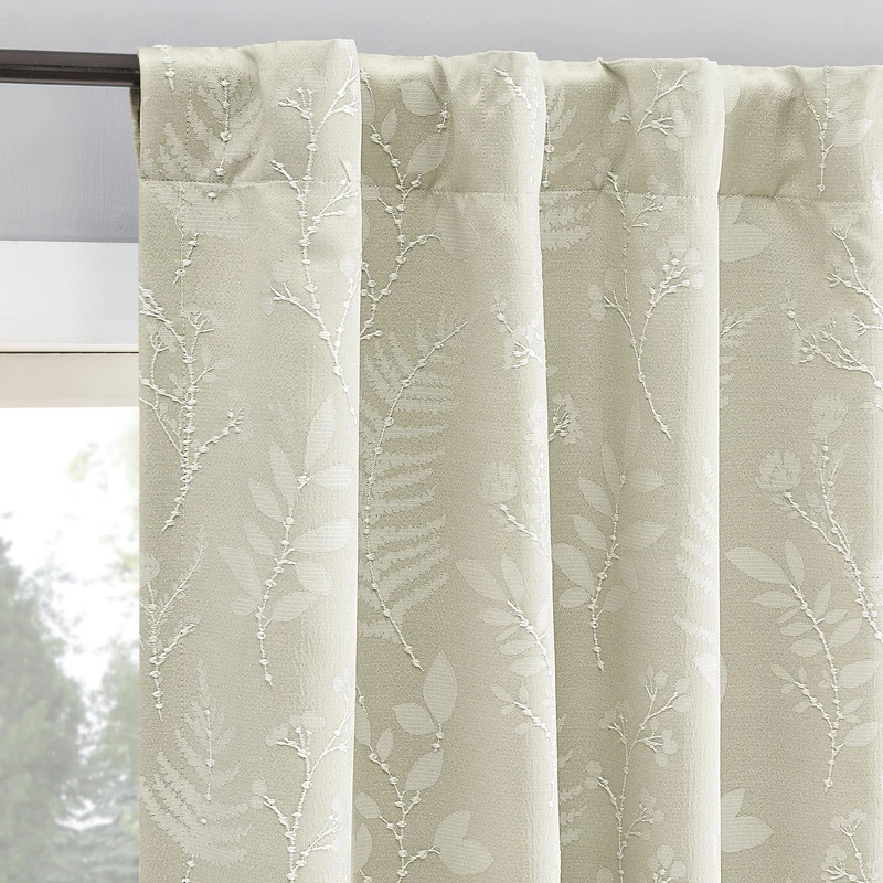 Sun Zero Ambridge 2-Pack Embroidered Botanical Leaf Pleated Look 100% Blackout Back Tab Curtain Panel Pair, 50" x 96", Cream