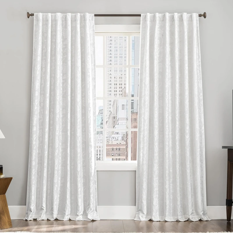 Sun Zero Brookhaven 2-Pack Embroidered Floral Pleated Look 100% Blackout Back Tab Curtain Panel Pair, 50" x 84", Cream