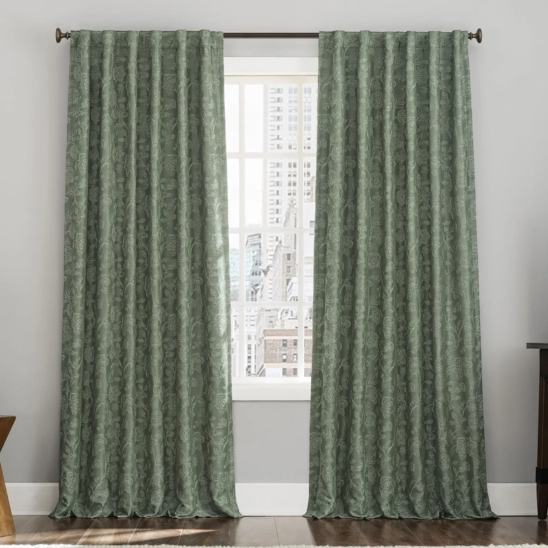 Sun Zero Brookhaven 2-Pack Embroidered Floral Pleated Look 100% Blackout Back Tab Curtain Panel Pair, 50" x 96", Moss Green
