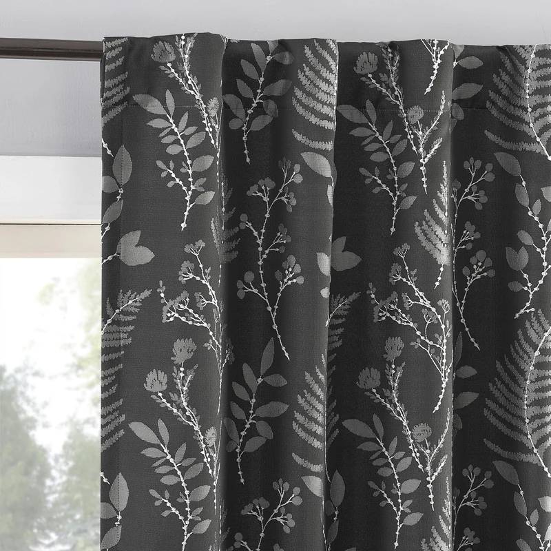 Sun Zero Ambridge 2-Pack Embroidered Botanical Leaf Pleated Look 100% Blackout Back Tab Curtain Panel Pair, 50" x 96", Steel Gray