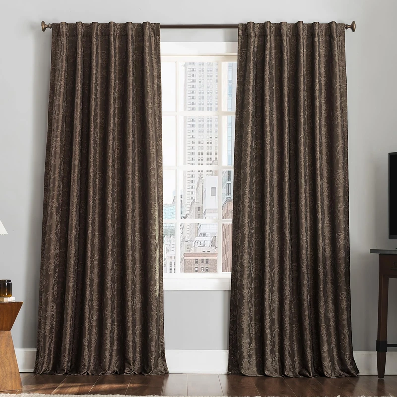 Sun Zero Brookhaven 2-Pack Embroidered Floral Pleated Look 100% Blackout Back Tab Curtain Panel Pair, 50" x 96", Chocolate Brown