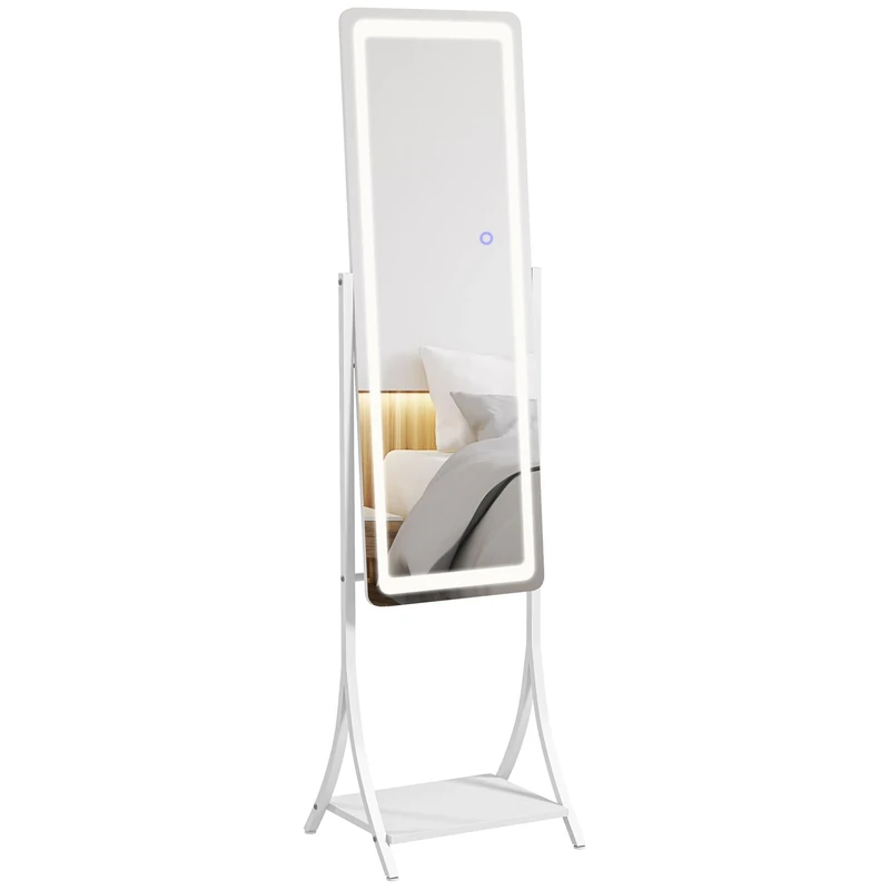 HOMCOM Full Length Mirror with LED Lights, Dimmable Free Standing Full Body Mirror with 3 Temperature Colours, Adjustable Angle and Storage Shelf for Bedroom, Living Room, Hallway, White