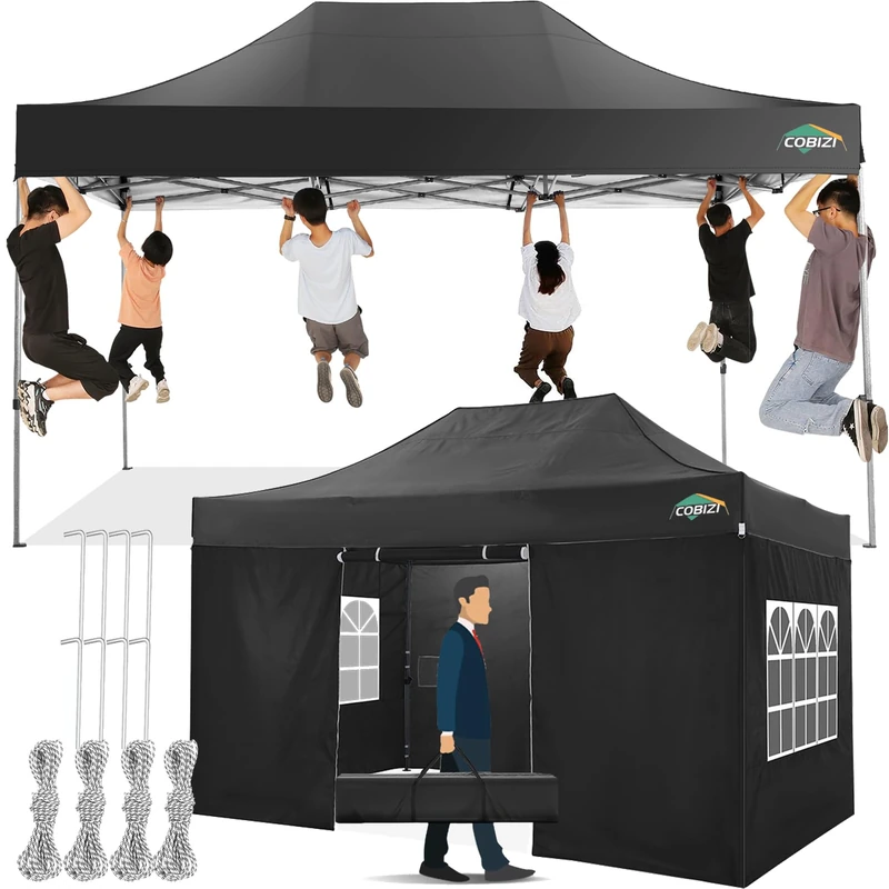 COBIZI Pop Up Gazebo with Sides 3m x 4.5m,Heavy Duty Gazebo with 4 Sidewall,UPF 50+ Waterproof Windproof Party Event Shelter Marquee,Outdoor Garden Gazebo Tent with Carry Bag (3x4.5m,Black)
