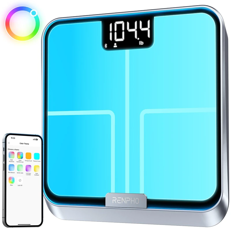 RENPHO Scales for Body Weight, Smart Scale with Lights to Remind Weighing, Body Fat Scales with App to Customize Scale Colors, Rechargeable, ITO Coating, 13 Health Monitor, Elis Chroma