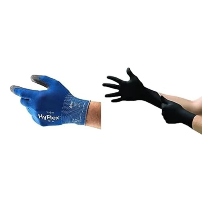 HyFlex 11-618 Thin Work Gloves, Stretch Fit Nylon Liner, Blue, Size L (12 Pairs) + Microflex 93-732 Disposable Gloves in Nitrile, Latex and Powder-Free, Food Certified, Black, Size L (100 Gloves)