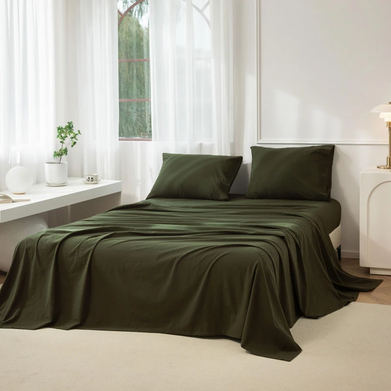 JIYUAN Queen Washed Cotton Sheet Set, 4-Piece, Relaxed Linen Feel