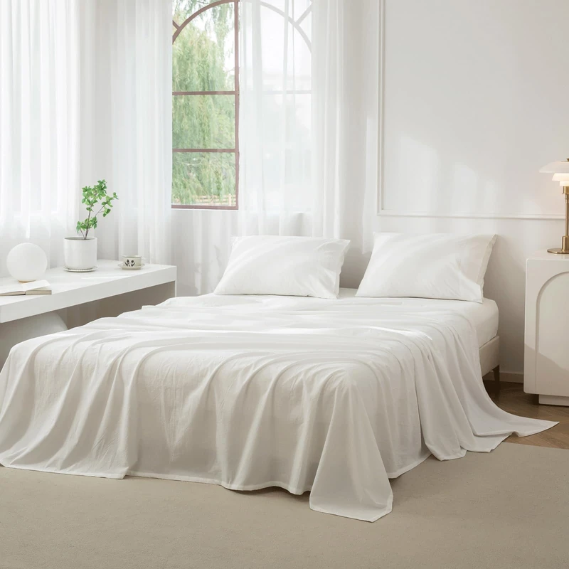 JIYUAN King Washed Cotton Sheet Set, 4-Piece, Relaxed Linen Feel