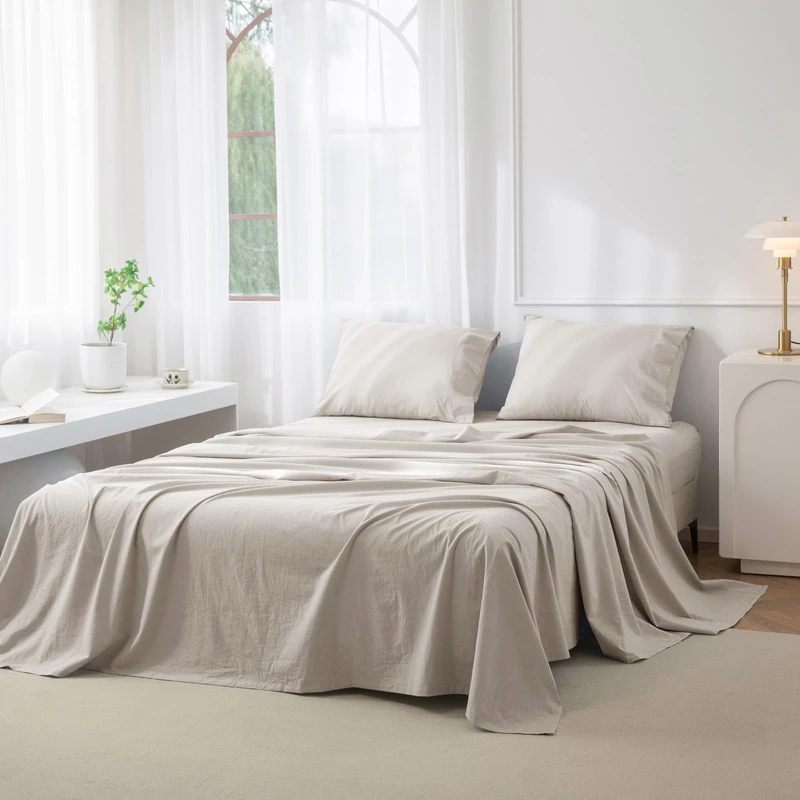 JIYUAN Queen Washed Cotton Sheet Set, 4-Piece, Relaxed Linen Feel