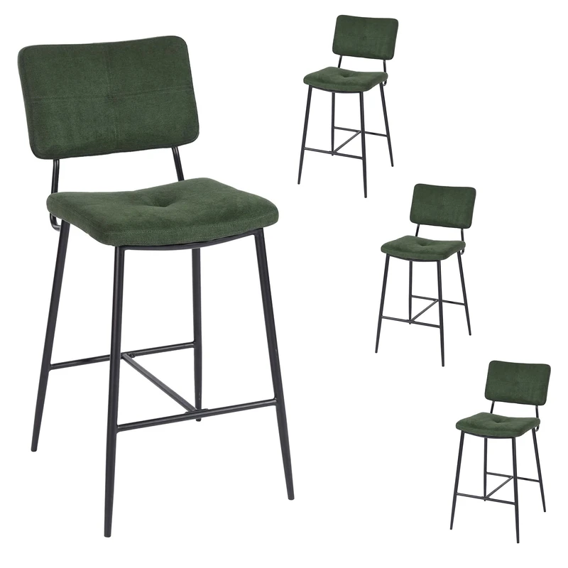 MEUBLE COSY Bar Stools Set of 4 Kitchen Breakfast High Chairs with Backrest Footrest, 68 cm Tall Seat, Fabric Upholstered, Metal Legs, Industrial Style, for Dining Room Counter, Green