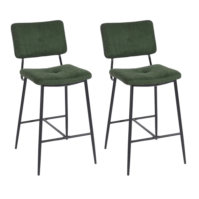MEUBLE COSY Bar Stools Set of 2 Kitchen Breakfast High Chairs with Backrest Footrest, 68 cm Tall Seat, Fabric Upholstered, Metal Legs, Industrial Style, for Dining Room Counter, Green
