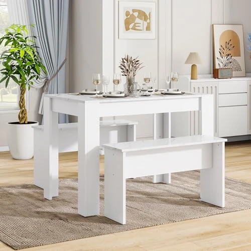 Merax Dining Table with 2 Benches | Artificial Marble Dining Table Set for Kitchen Dining Room Small Space | White
