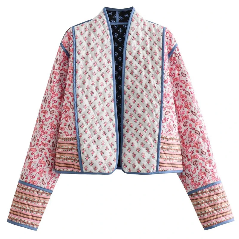 Omoone Women's Cropped Floral Quilted Jacket Cardigan Printed Lightweight Open Front Padded Puffer Coat, Pink, XS - Image 1