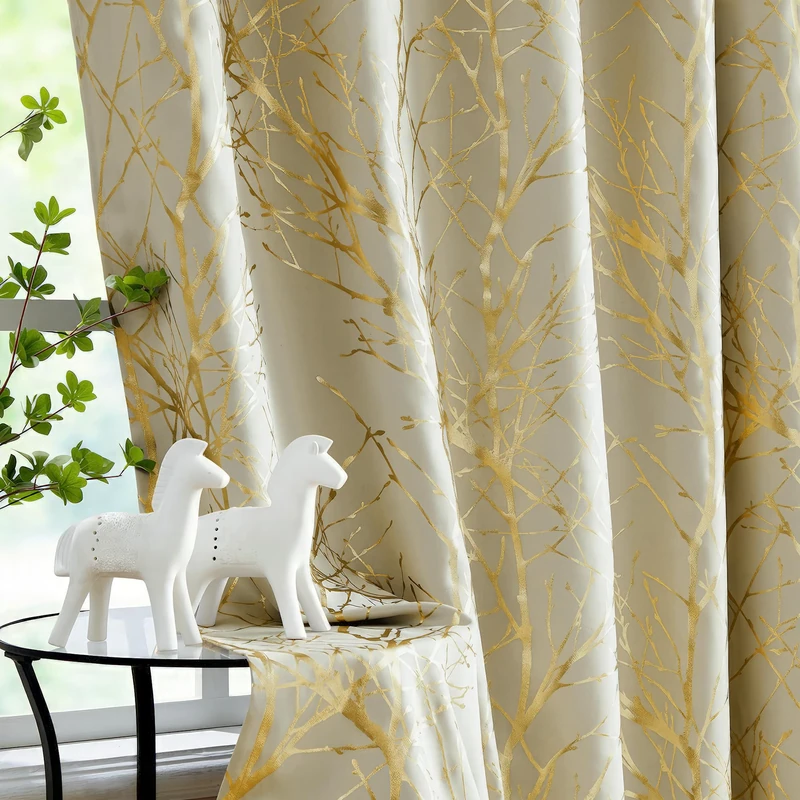 FMFUNCTEX 100% Blackout Curtains, Modern Farmhouse Style, Gold/Ivory Tree Branch Pattern, 50" W x 96" L (2 Panels), Living Room, Bedroom, Darkening Window Curtains