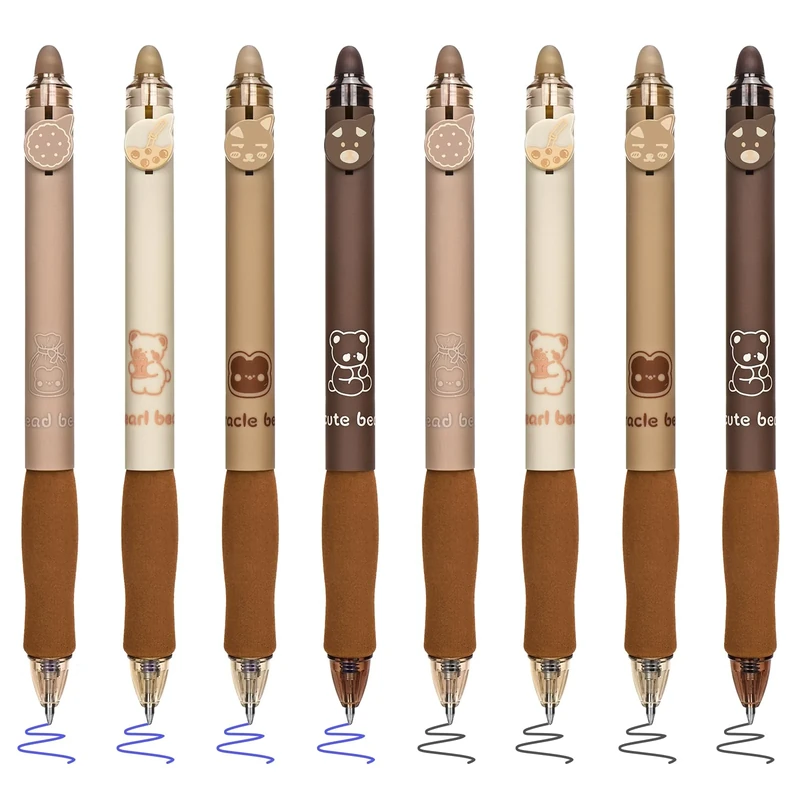 BAYTORY 8Pcs Cute Retractable Erasable Gel Pens, Blue and Black Ink Pen with Eraser Clear, Smooth Writing Comfortable to Use for Note Taking Planner Crossword Puzzles (Coffee)