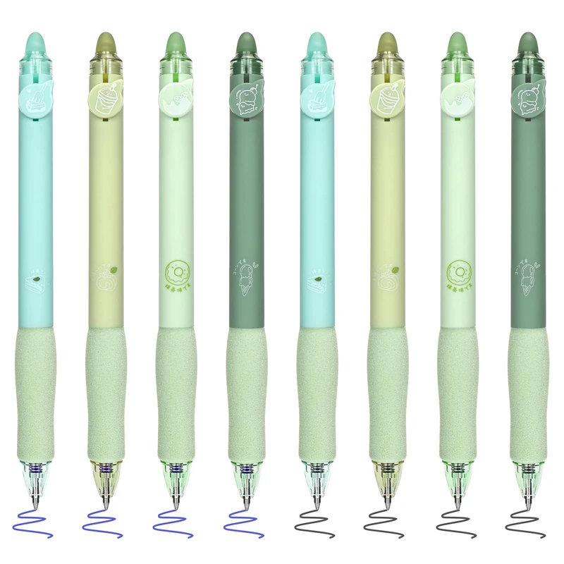 BAYTORY 8Pcs Cute Retractable Erasable Gel Pens, Blue and Black Ink Pen with Eraser Clear, Smooth Writing Comfortable to Use for Note Taking Planner Crossword Puzzles (Green)