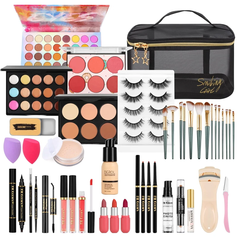 LYMYBETY Makeup Set, Cosmetic Make Up Starter Kit With Storage Bag Portable Travel Make Up Palette Eyeshadow Foundation Lip Gloss for Teenage & Adults (Style C)