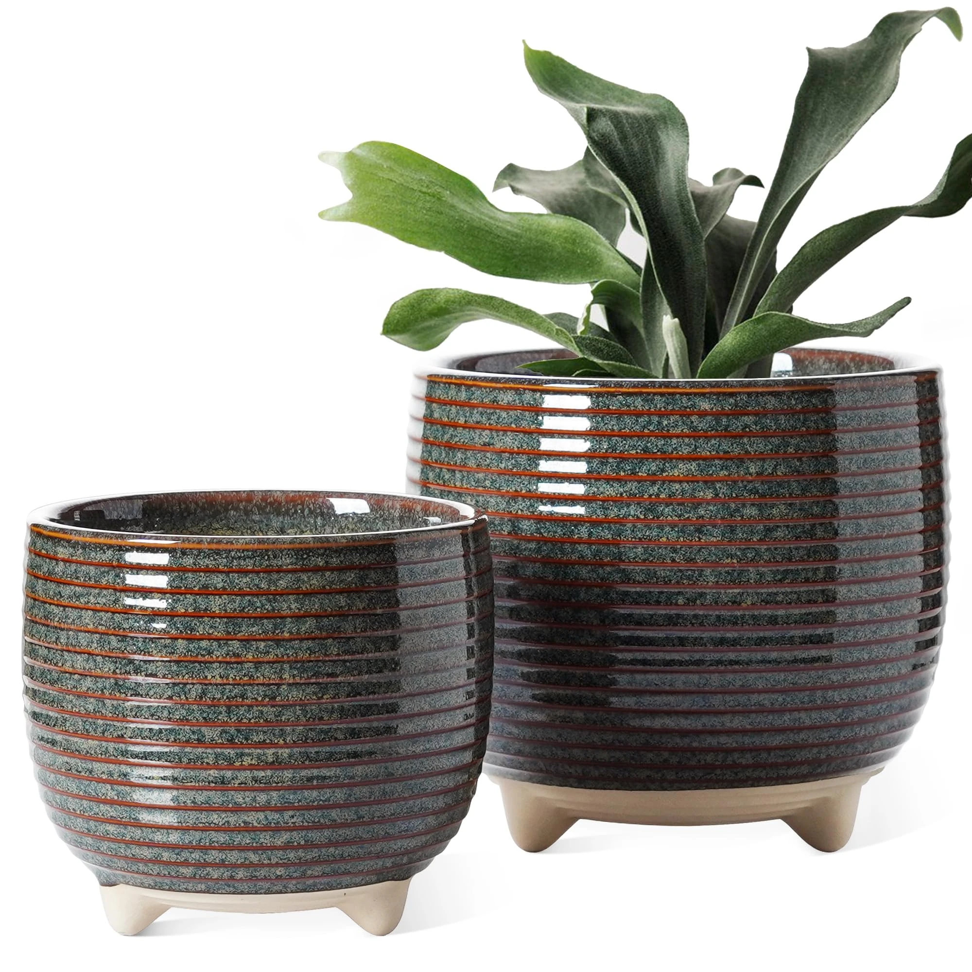 LE TAUCI Ceramic Plant Pots, 12 + 16 cm Footed Pots for Plants, Cute Modern Flower Pots for House and Office, Small Indoor Planters with Drainage, Reactive Glaze Black