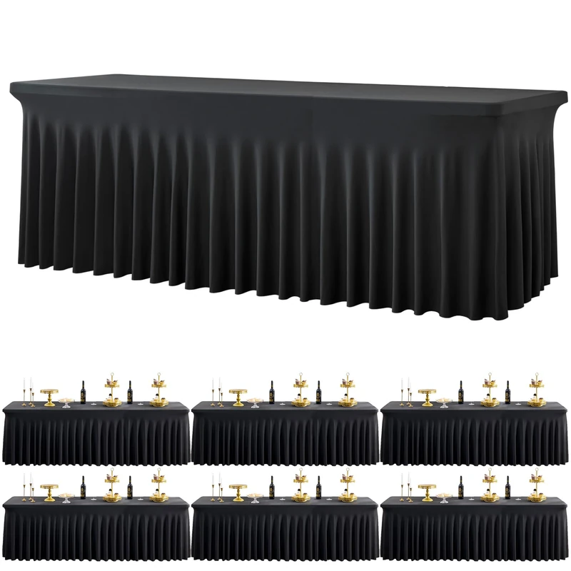 Black Spandex Tablecloth for 8 Foot Rectangle Tables, 6 Pack Black Wrinkle Free Fitted Table Cloths 8ft Stretchy Banquet Table Clothes Cover Desk Skirt for Birthday Wedding Parties Baby Shower