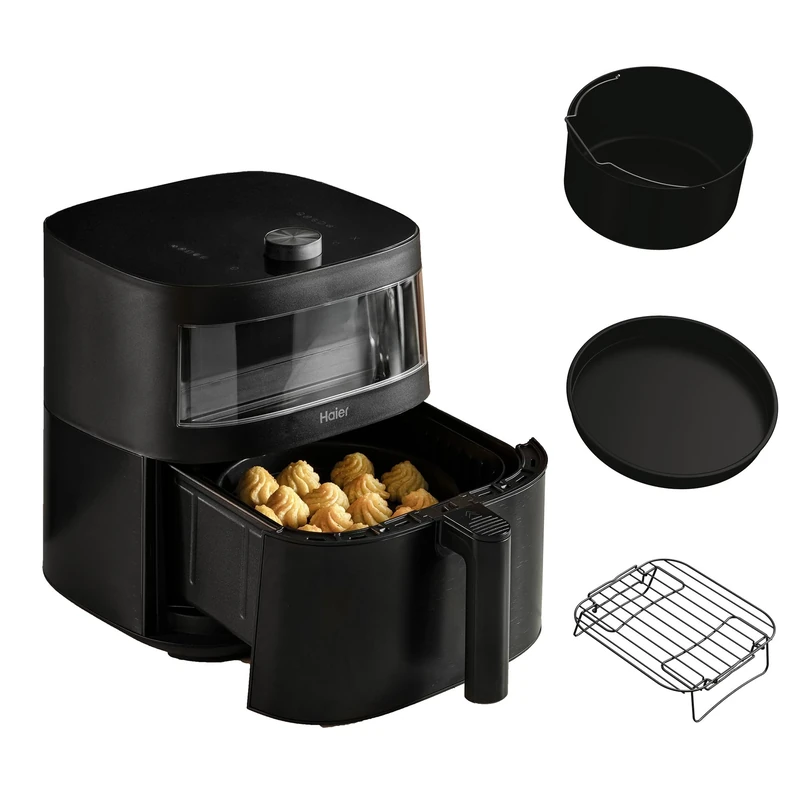 Haier Air Fryer, I-Master Series 5-9-in-1 with Accessory Set - Touch Display - Bake - Roast - Grill - Defrost - Slow Cook - Dehydrate & Yoghurt Making - 7L Capacity - Viewing Window - On App - Black