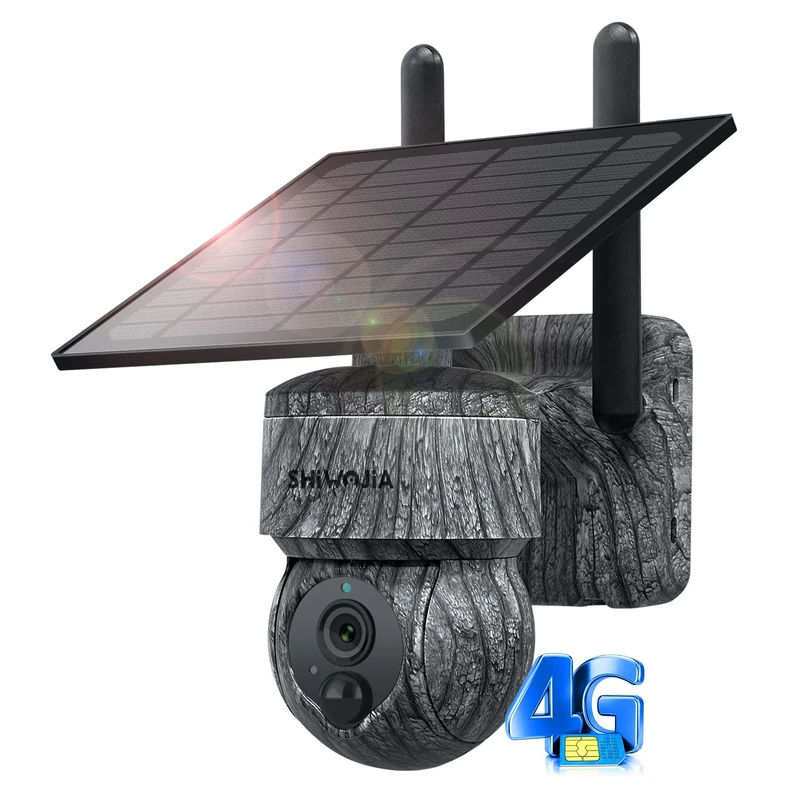 SHIWOJIA 4G LTE Solar Security Camera Outdoor with SIM Card, 2K HD 360°PTZ CCTV Camera with Night Vision, PIR Human Detection, SD&Cloud Storage, IP66, 2 Way Audio