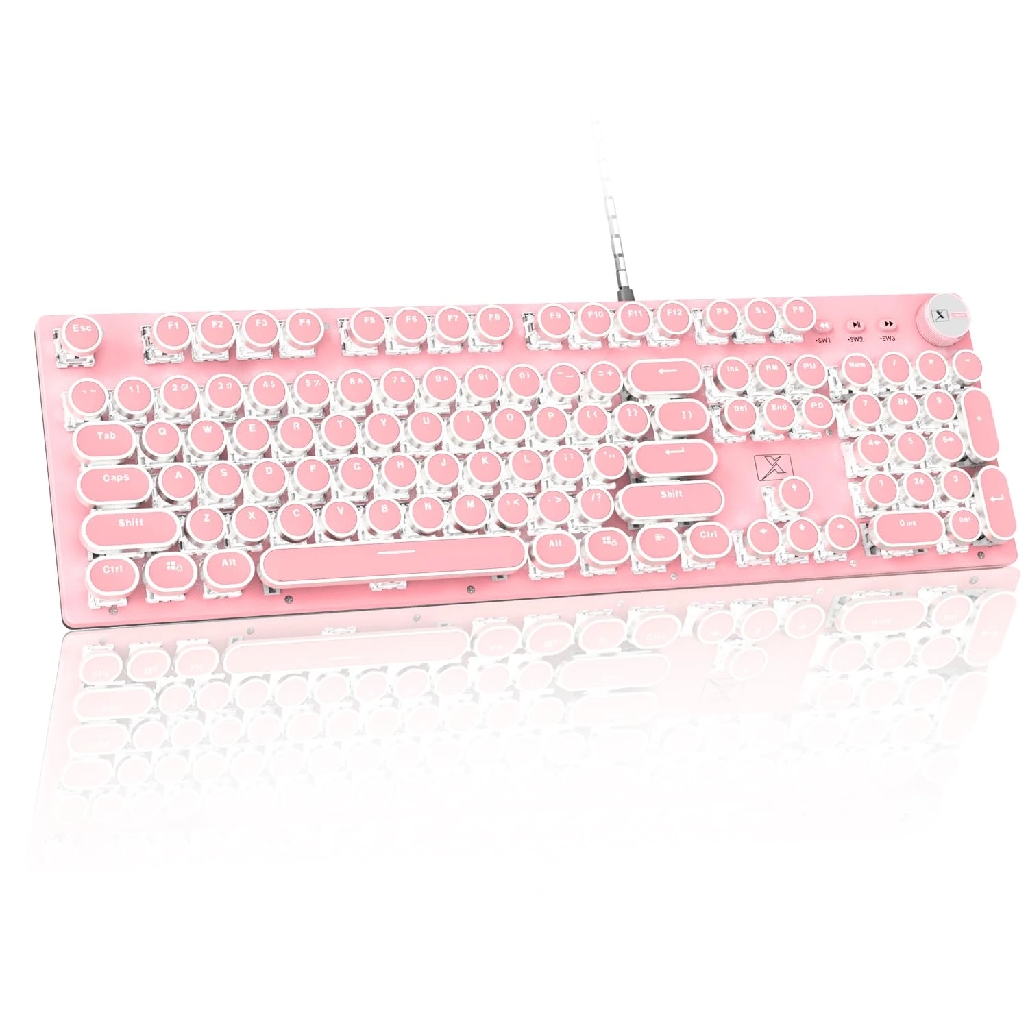LexonElec USB Wired Mechanical Keyboard Blue Switch Metal Panel with Knob Design, 104-Key Vintage Typewriter-style Gaming Keyboard with White LED Backlit Steampunk Retro Round Keycaps for PC/Mac-Pink